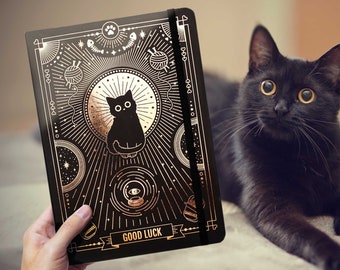 Good luck black cat journal for cat and pet lovers with gold accents, Luxury writing notebook dotted or lined pages