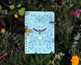 Fireflies spiral notebook, Nature notebook, Flowers, Lined notebook, Notebook with lines, Hard cover notebook, Insect notebook, Stationery