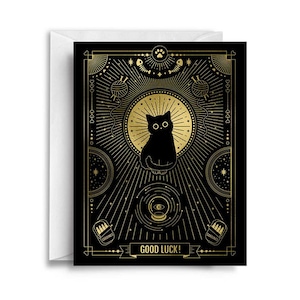 Good luck greeting card, Cat greeting card, Good luck charm card, Black cat card, Gold card, Good luck, Cat card, Black cat lover, Cat lady