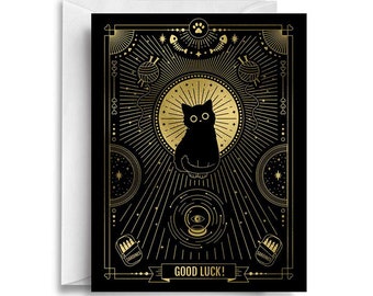 Good luck greeting card, Cat greeting card, Good luck charm card, Black cat card, Gold card, Good luck, Cat card, Black cat lover, Cat lady