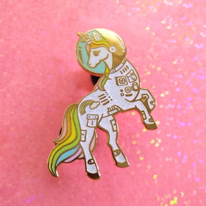 Unicorn enamel pin, Gold glitter lapel pin, astronaut pin, space lover, unicorn space suit, space helmet pin, unicorn lapel pin, rainbow pin image 1