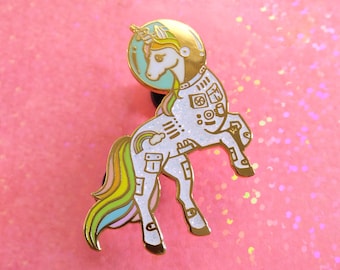 Unicorn enamel pin, Gold glitter lapel pin, astronaut pin, space lover, unicorn space suit, space helmet pin, unicorn lapel pin, rainbow pin