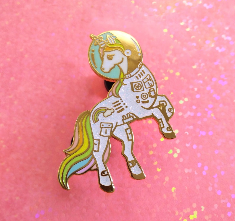 Unicorn enamel pin, Gold glitter lapel pin, astronaut pin, space lover, unicorn space suit, space helmet pin, unicorn lapel pin, rainbow pin image 1