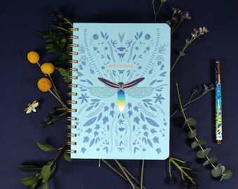 Fireflies spiral notebook, Nature notebook, Flowers, Lined notebook, Notebook with lines, Hard cover notebook, Insect notebook, Stationery