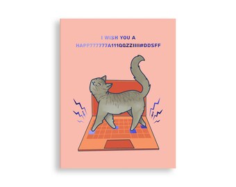 Cat greeting card, I Wish You a Happy card, Gray cat greeting card, Cat on laptop card, Cat card, Cat lady, Funny greeting card