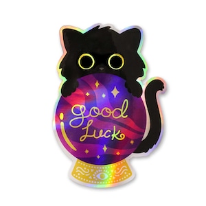 Cat sticker, Good luck cat, Crystal ball sticker, Good omen sticker, Black cat sticker, Black cat lover, Cat lover gift, holographic sticker