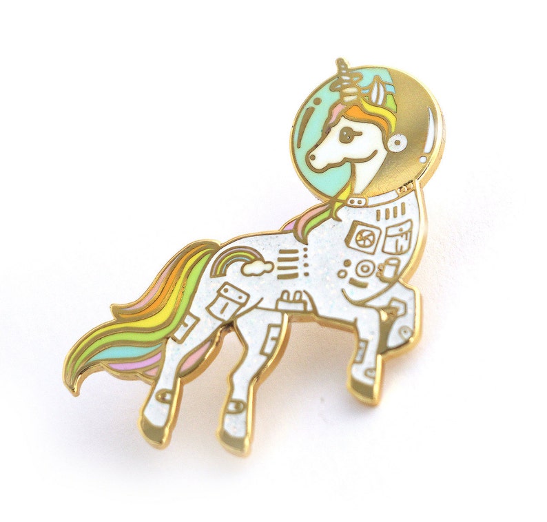 Unicorn enamel pin, Gold glitter lapel pin, astronaut pin, space lover, unicorn space suit, space helmet pin, unicorn lapel pin, rainbow pin image 2