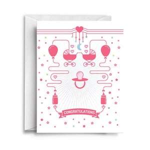 Carte de voeux de bébé, carte de voeux rose bébé de félicitations, carte de bébé fille, carte de voeux de douche, carte de voeux holographique, carte de naissance de bébé