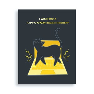 Kattenwenskaart, ik wens je een gelukkig kaart, zwarte kat-wenskaart, kat op laptopkaart, kattenkaart, kattendame, grappige wenskaart