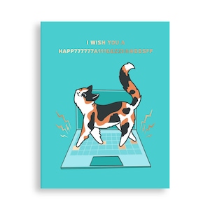 Cat greeting card, I Wish You a Happy card, Calico cat greeting card, Cat on laptop card, Cat card, Cat lady, Funny greeting card