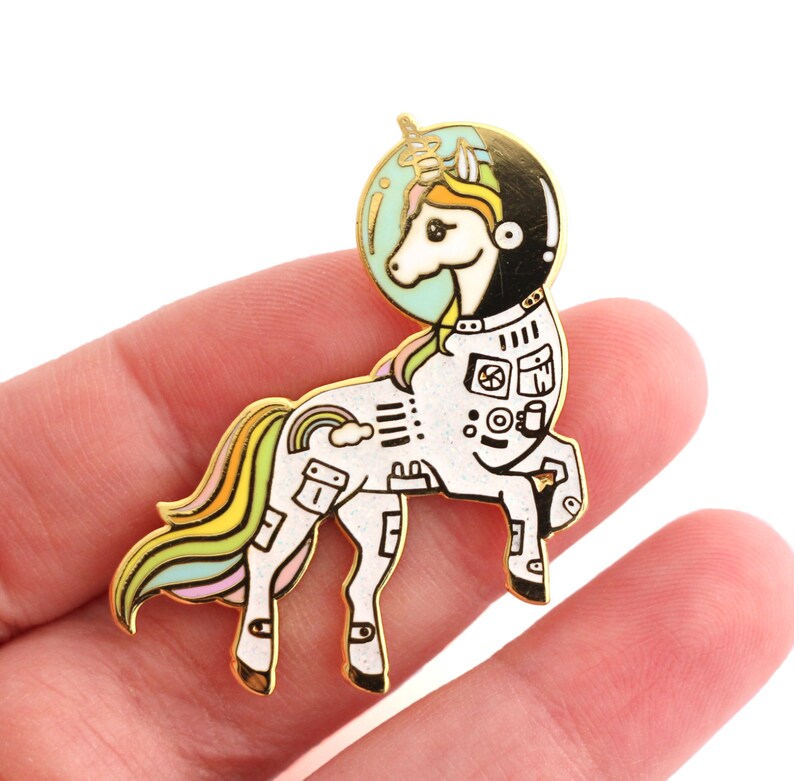 Unicorn enamel pin, Gold glitter lapel pin, astronaut pin, space lover, unicorn space suit, space helmet pin, unicorn lapel pin, rainbow pin image 3