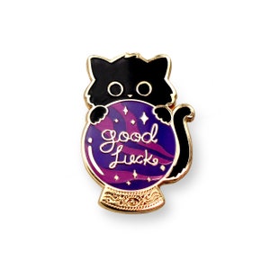 Cat pin, Good luck cat, Crystal ball pin, Good omen enamel, Black cat pin, Black cat lover, Cat lover gift