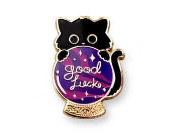 Cat pin, Good luck cat, Crystal ball pin, Good omen enamel, Black cat pin, Black cat lover, Cat lover gift