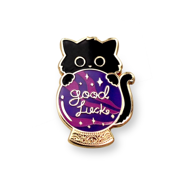 Cat pin, Good luck cat, Crystal ball pin, Good omen enamel, Black cat pin, Black cat lover, Cat lover gift