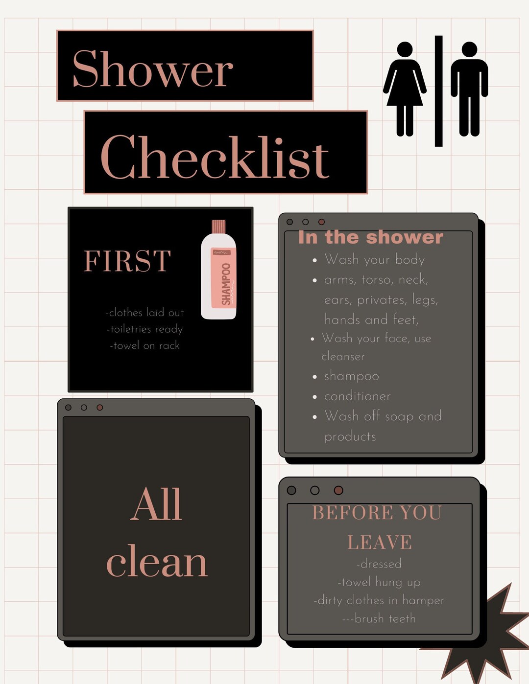 Shower Checklist in Pink, Black and Grey for Neurodivergent Teens and ...