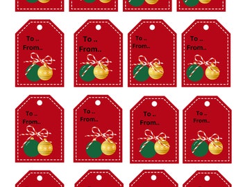 Utskrivbara röda julklappsetiketter med gröna och guldfärgade julgranskulor och polkagrisband