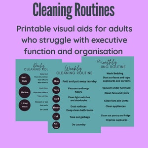Printable Organization Visual Aid  Daily, for Adults with ADHD/Anxiety; Weekly, Monthly, Cleaning Routine, on an attractive teal background