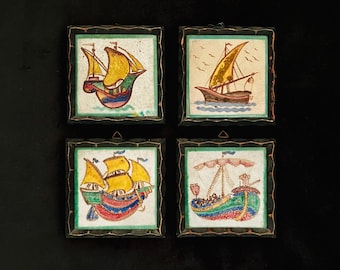 A Set of 4 I.C.S Vietri C.A.S Vietri Italian Hand Painted Framed Galleon Ship Tiles