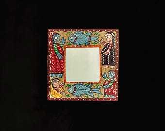 Vintage Hand Painted Indian Madhubani Small Wall Mirror