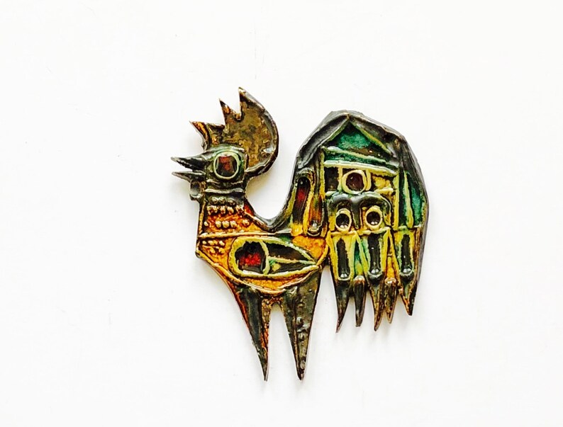 Mid Century European Studio Pottery Scandinavian style Modernist Cockerel Bird small Ceramic Wall Plaque
