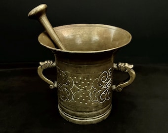 Monumental Brass Pestle & Mortar Archaic Chinese Style Serpent Handles