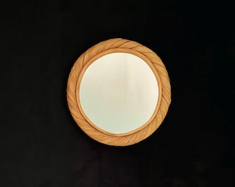 Vintage Pencil Reed Rattan Wicker Small Round Wall Mirror