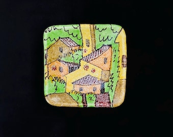 Mid Century Early Bitossi Dish Hand Painted Cubist Landscape Montrose Import Mark