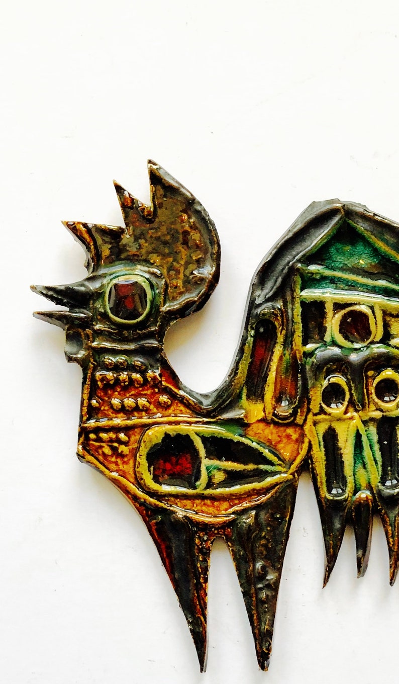 Mid Century European Studio Pottery Scandinavian style Modernist Cockerel Bird small Ceramic Wall Plaque