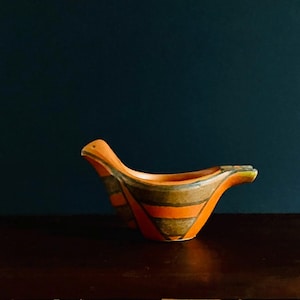 Mid Century Bitossi Bagni Fanciullacci Orange Pottery Bird Bowl hand painted Italian Studio Pottery