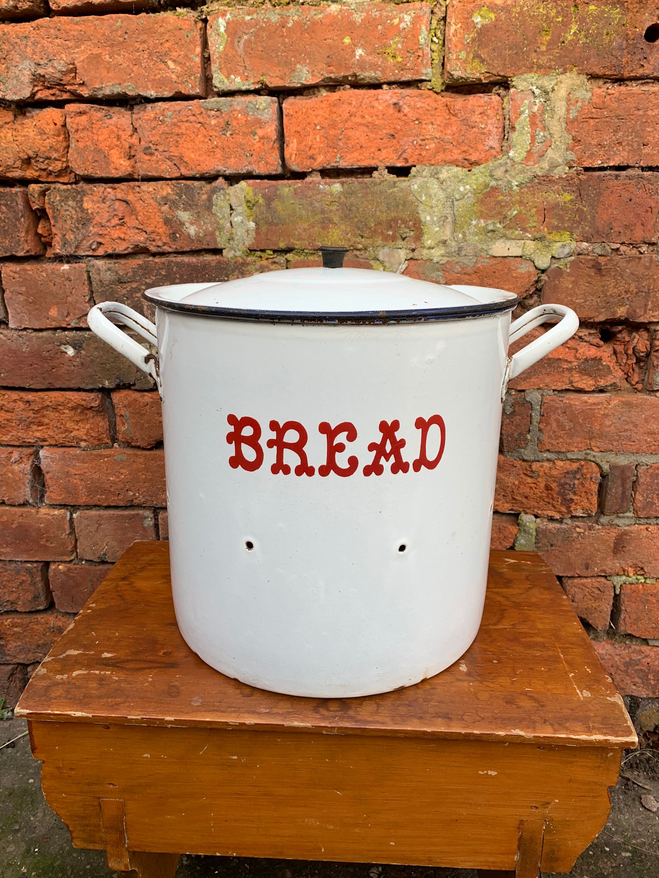 Large rustic antique enamel bread bin with red embossed Etsy