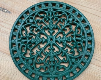 Vintage Round Cast Iron Trivet - Green