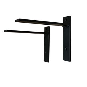 May include: Two black metal shelf brackets. The brackets are L-shaped and have a flat surface on the back for mounting to a wall.