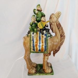 17&quot; Vintage Mid-Century Sancai Glaze Pottery Camel Carrying Musicians Chinese Tang Style