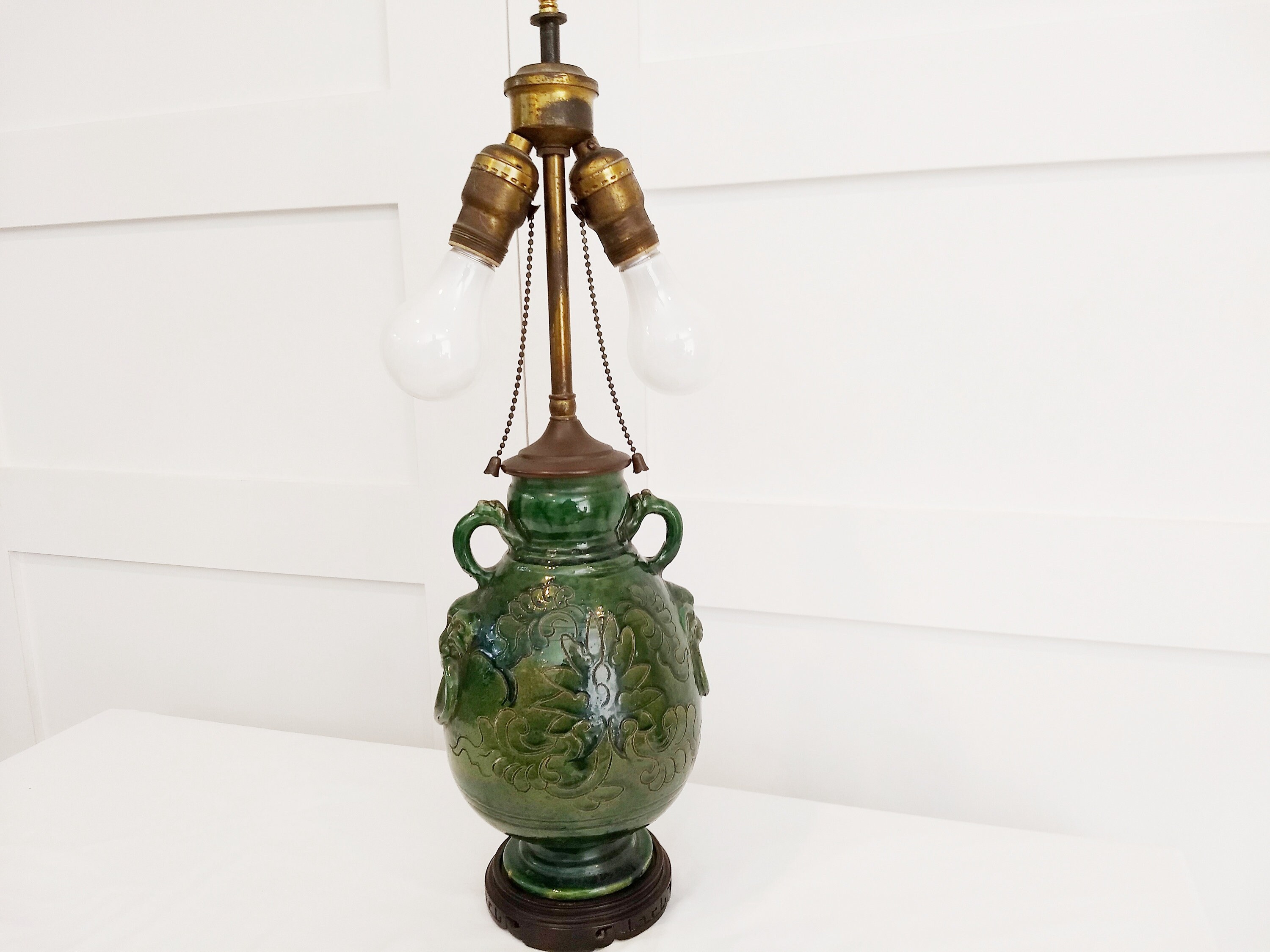 Vintage Chinese Soapstone Figure Lamp Base Dogs Stone Pillar 10 inches