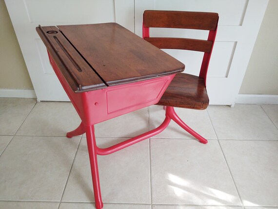 Vintage School Desk and Chair With Inkwell Bottle and Pen Industrial 1930 s 50 s Mid Century Modern Atomic Era Etsy