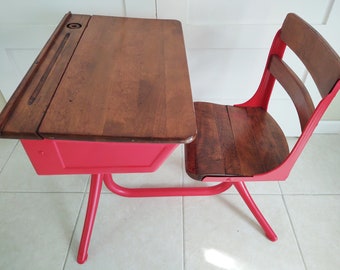 Vintage School Desk and Chair with Inkwell - Industrial 1930's-50's Mid Century Modern Atomic Era