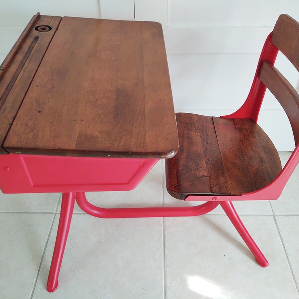 Vintage School Desk and Chair with Inkwell - Industrial 1930's-50's Mid Century Modern Atomic Era