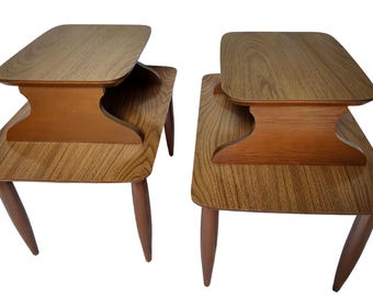 Pair of Walnut End Tables Two-Tiered Mid Century Modern Atomic Era