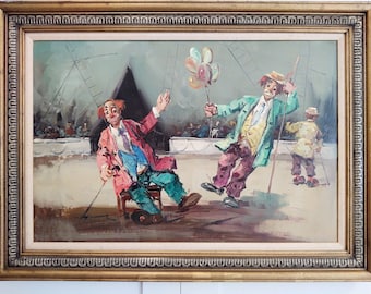 Original 36" x 24" Circus Clowns Acrylic Painting on Canvas by Italian Artist Fiorilli