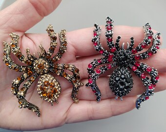 Brown / Black and Red Spider brooch, Rhinestone spider brooch, Large Tarantula Brooch, witchy decor aesthetic