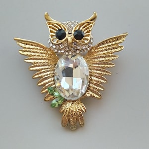 Owl Brooch, Clear Crystal Owl  Broach, Gold Bird brooch pin