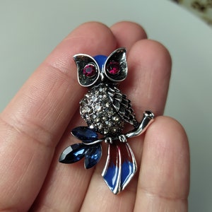 Rhinestone Owl  Broach, Silver bird brooch pin, Witchy gifts for best friend