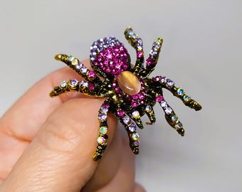 Broche araignée en strass, pendentif sorcière rose