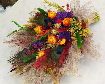 Wedding bouquet, Peacock feather bouquet, Purple Maroon bouquet, Rustic wedding bouquet, bridal bouquet, dried flower bouquet, wild flowers