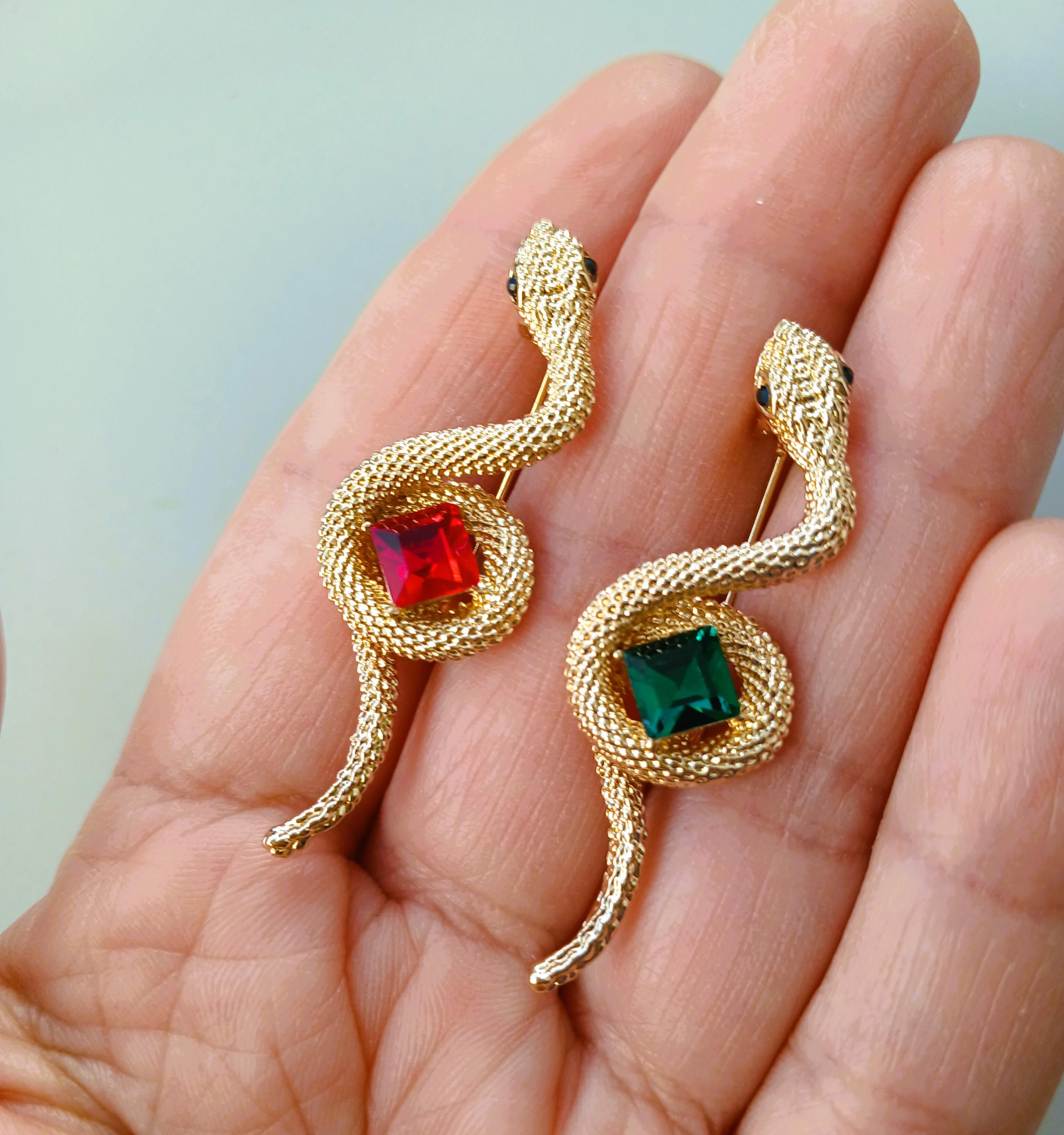 Snake brooch, Green Red Crystal brooch, Golden brooch, snake jewelry, Symbol of the Year 2025