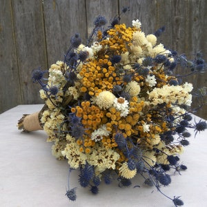 Rustic wedding bouquet, wild flower bouquet, blue thistle bouquet, Blue and yellow bouquet