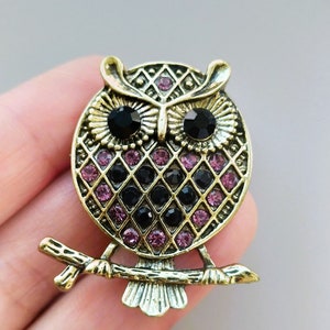 Owl Brooch, bird brooch pin, Rhinestone Owl  Broach, Bronze and  Pink Owl Brooch