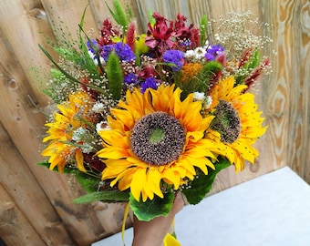 Dried Sunflower Wedding Bouquet, Rustic Farmhouse Decor