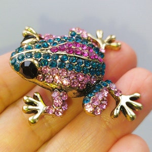 Kikkerbroche, roze en groenblauwe kikkerspeld, strass paddenbroche, heksendecor esthetiek