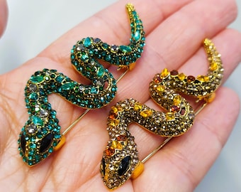 Large Snake brooch, Brown and Green snake brooch, Rhinestone Snake Brooch, elegant snake jewelry